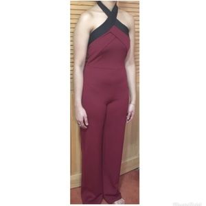 Boohoo Burgundy and Black Halter-Neck Jumpsuit